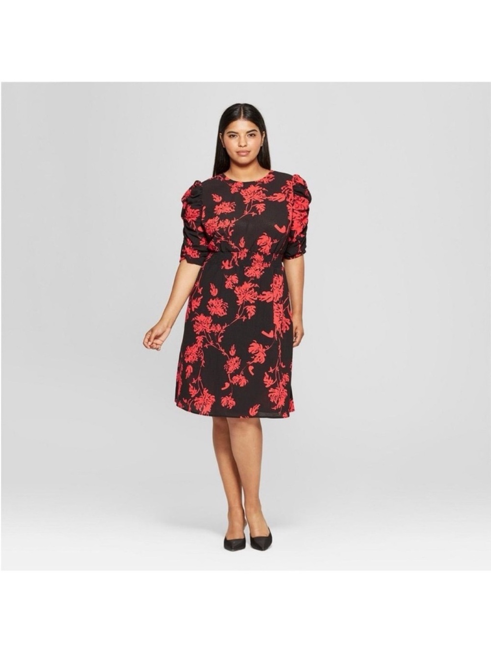 Who What Wear Floral Chiffon Crew Midi Summer Dress Sz XS Black Red